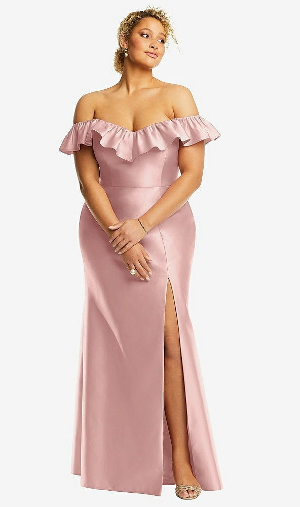 Front View - Rose - PANTONE Rose Quartz Off-the-Shoulder Ruffle Neck Satin Trumpet Gown