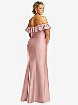 Rear View Thumbnail - Rose - PANTONE Rose Quartz Off-the-Shoulder Ruffle Neck Satin Trumpet Gown