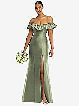 Alt View 1 Thumbnail - Sage Off-the-Shoulder Ruffle Neck Satin Trumpet Gown