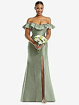 Alt View 2 Thumbnail - Sage Off-the-Shoulder Ruffle Neck Satin Trumpet Gown