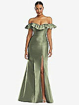 Alt View 3 Thumbnail - Sage Off-the-Shoulder Ruffle Neck Satin Trumpet Gown