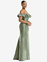 Alt View 4 Thumbnail - Sage Off-the-Shoulder Ruffle Neck Satin Trumpet Gown