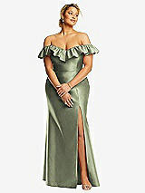 Front View Thumbnail - Sage Off-the-Shoulder Ruffle Neck Satin Trumpet Gown