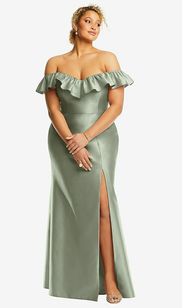 Front View - Sage Off-the-Shoulder Ruffle Neck Satin Trumpet Gown