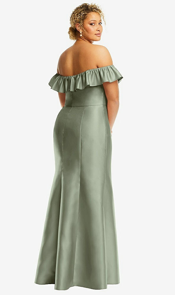 Back View - Sage Off-the-Shoulder Ruffle Neck Satin Trumpet Gown