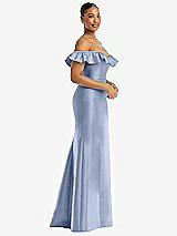 Alt View 4 Thumbnail - Sky Blue Off-the-Shoulder Ruffle Neck Satin Trumpet Gown