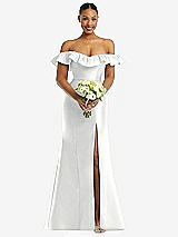 Alt View 2 Thumbnail - White Off-the-Shoulder Ruffle Neck Satin Trumpet Gown