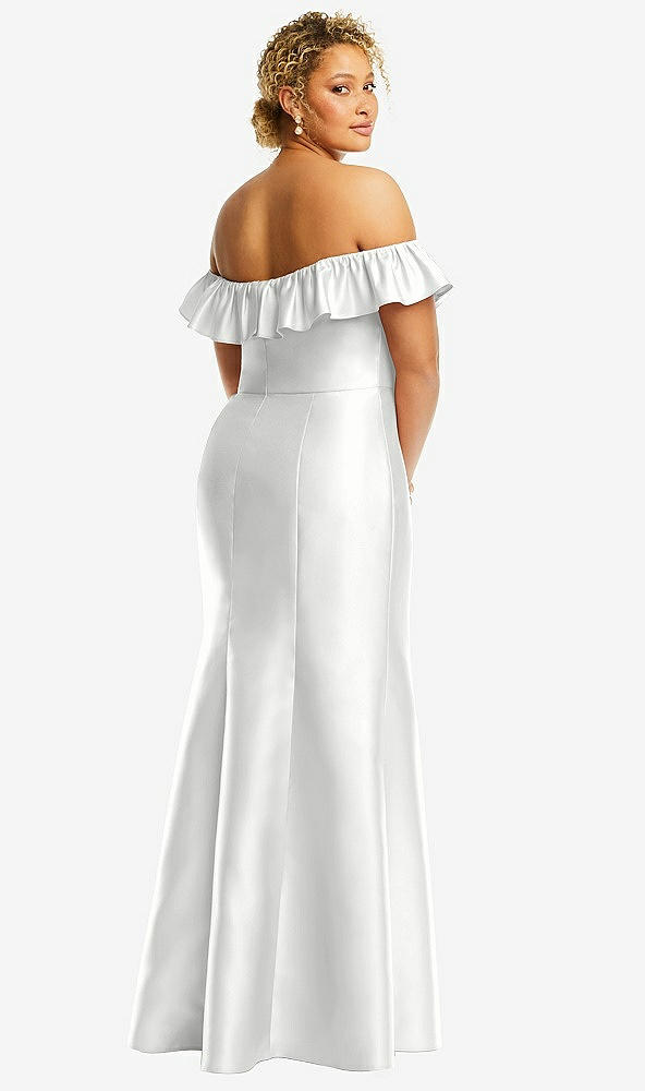 Back View - White Off-the-Shoulder Ruffle Neck Satin Trumpet Gown