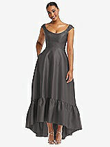 Front View Thumbnail - Caviar Gray Cap Sleeve Deep Ruffle Hem Satin High Low Dress with Pockets