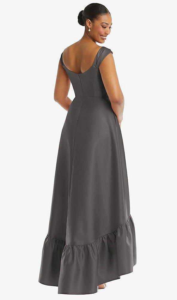 Back View - Caviar Gray Cap Sleeve Deep Ruffle Hem Satin High Low Dress with Pockets