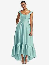 Front View Thumbnail - Coastal Cap Sleeve Deep Ruffle Hem Satin High Low Dress with Pockets