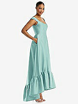 Side View Thumbnail - Coastal Cap Sleeve Deep Ruffle Hem Satin High Low Dress with Pockets