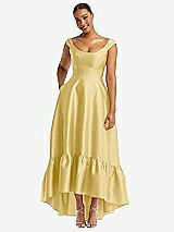 Front View Thumbnail - Maize Cap Sleeve Deep Ruffle Hem Satin High Low Dress with Pockets