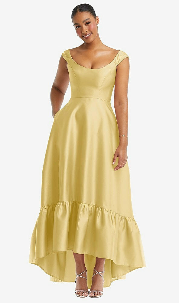 Front View - Maize Cap Sleeve Deep Ruffle Hem Satin High Low Dress with Pockets