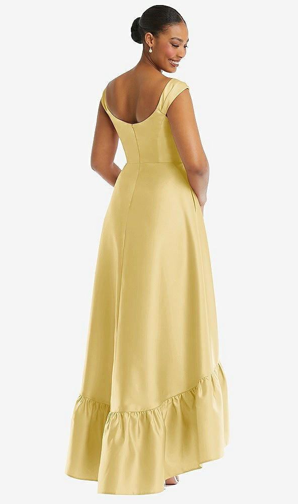 Back View - Maize Cap Sleeve Deep Ruffle Hem Satin High Low Dress with Pockets