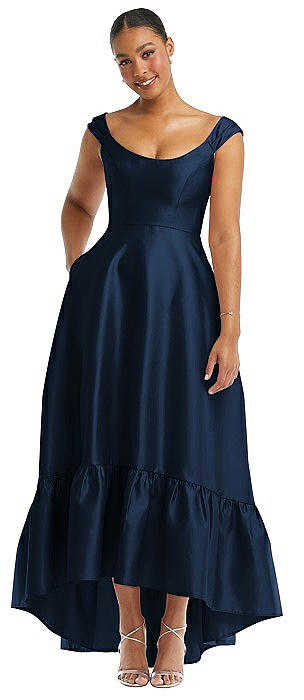 Cap Sleeve Deep Ruffle Hem Satin High Low Dress with Pockets