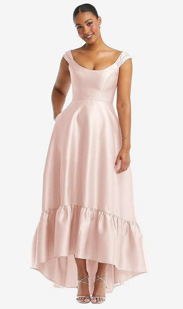 Front View - Blush Cap Sleeve Deep Ruffle Hem Satin High Low Dress with Pockets