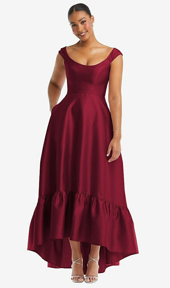 Front View - Burgundy Cap Sleeve Deep Ruffle Hem Satin High Low Dress with Pockets