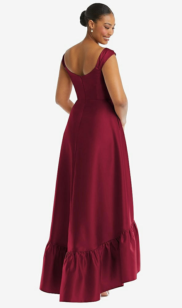 Back View - Burgundy Cap Sleeve Deep Ruffle Hem Satin High Low Dress with Pockets