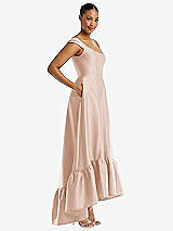 Side View Thumbnail - Cameo Cap Sleeve Deep Ruffle Hem Satin High Low Dress with Pockets