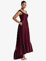 Side View Thumbnail - Cabernet Cap Sleeve Deep Ruffle Hem Satin High Low Dress with Pockets