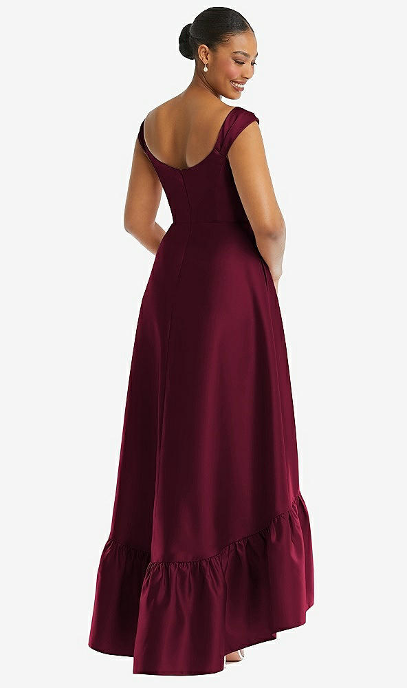 Back View - Cabernet Cap Sleeve Deep Ruffle Hem Satin High Low Dress with Pockets