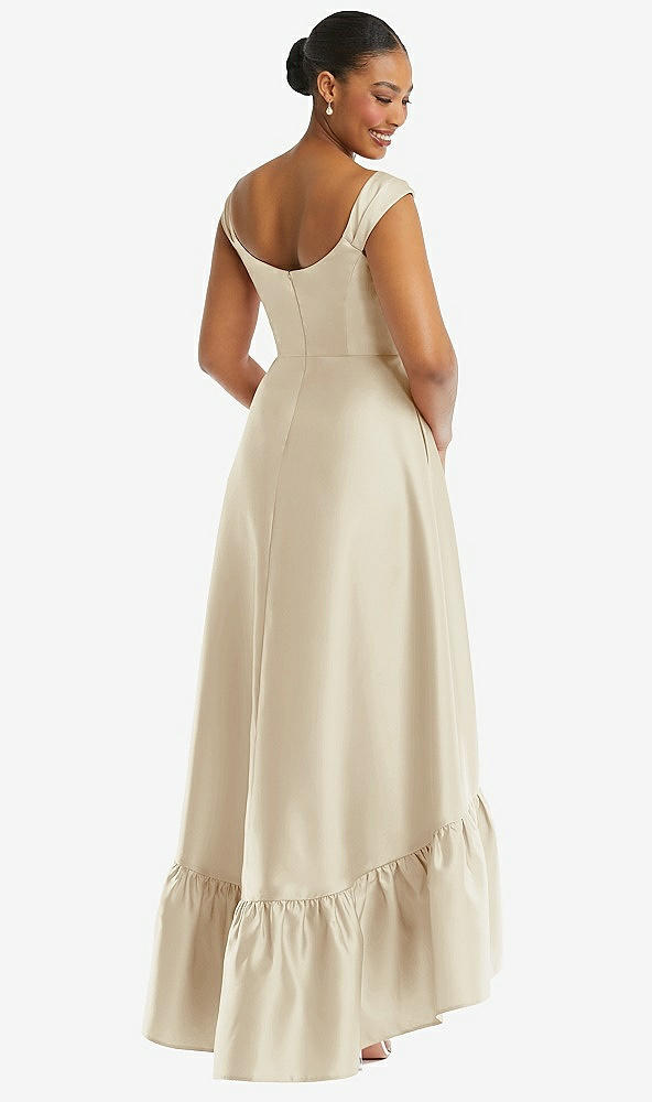 Back View - Champagne Cap Sleeve Deep Ruffle Hem Satin High Low Dress with Pockets