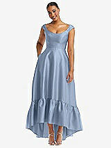 Front View Thumbnail - Cloudy Cap Sleeve Deep Ruffle Hem Satin High Low Dress with Pockets