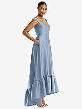 Side View Thumbnail - Cloudy Cap Sleeve Deep Ruffle Hem Satin High Low Dress with Pockets