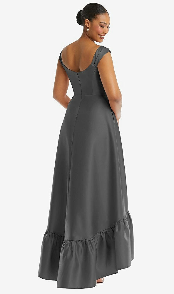 Back View - Gunmetal Cap Sleeve Deep Ruffle Hem Satin High Low Dress with Pockets