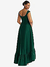 Rear View Thumbnail - Hunter Green Cap Sleeve Deep Ruffle Hem Satin High Low Dress with Pockets