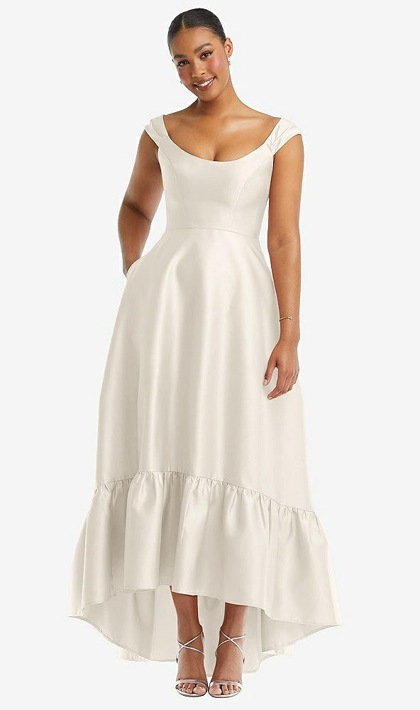 Front View - Ivory Cap Sleeve Deep Ruffle Hem Satin High Low Dress with Pockets