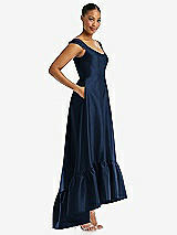 Side View Thumbnail - Midnight Navy Cap Sleeve Deep Ruffle Hem Satin High Low Dress with Pockets