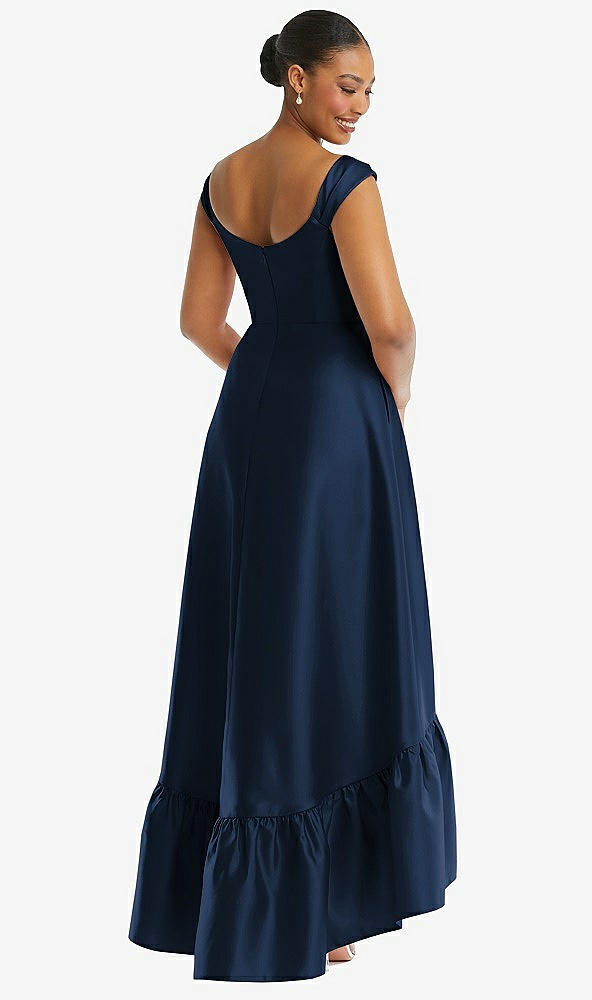 Back View - Midnight Navy Cap Sleeve Deep Ruffle Hem Satin High Low Dress with Pockets