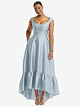 Front View Thumbnail - Mist Cap Sleeve Deep Ruffle Hem Satin High Low Dress with Pockets