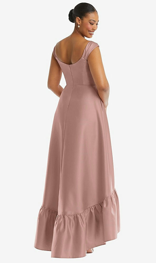 Back View - Neu Nude Cap Sleeve Deep Ruffle Hem Satin High Low Dress with Pockets