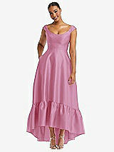 Front View Thumbnail - Powder Pink Cap Sleeve Deep Ruffle Hem Satin High Low Dress with Pockets