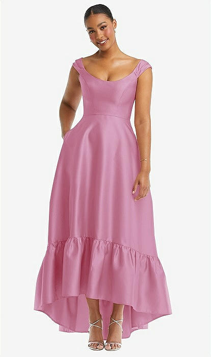 Cap Sleeve Deep Ruffle Hem Satin High Low Bridesmaid Dress With Pockets In Powder Pink The Dessy Group