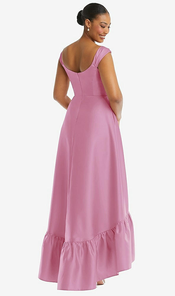 Back View - Powder Pink Cap Sleeve Deep Ruffle Hem Satin High Low Dress with Pockets