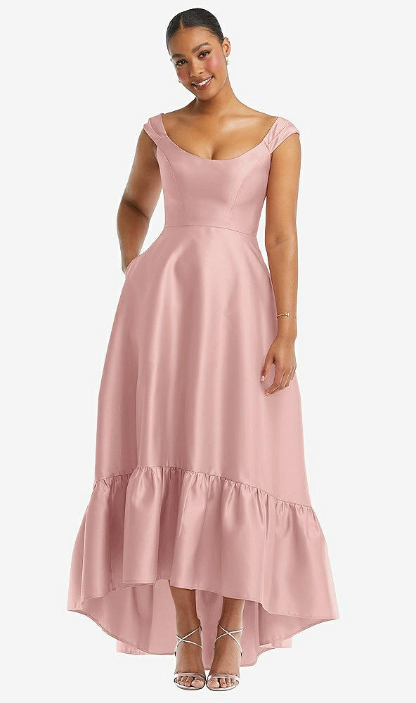 Front View - Rose - PANTONE Rose Quartz Cap Sleeve Deep Ruffle Hem Satin High Low Dress with Pockets