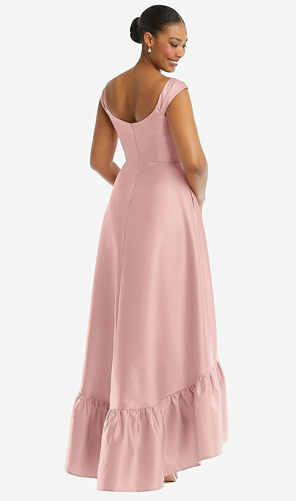 Back View - Rose - PANTONE Rose Quartz Cap Sleeve Deep Ruffle Hem Satin High Low Dress with Pockets