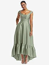 Front View Thumbnail - Sage Cap Sleeve Deep Ruffle Hem Satin High Low Dress with Pockets