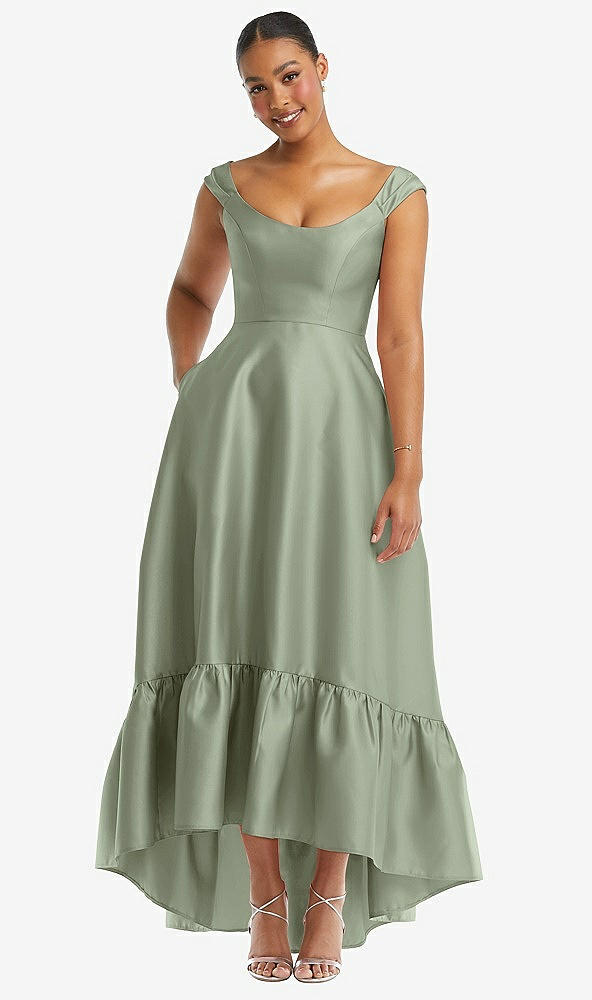 Front View - Sage Cap Sleeve Deep Ruffle Hem Satin High Low Dress with Pockets