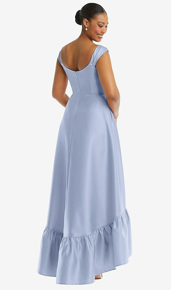 Back View - Sky Blue Cap Sleeve Deep Ruffle Hem Satin High Low Dress with Pockets