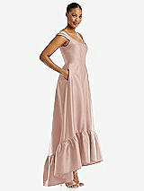 Side View Thumbnail - Toasted Sugar Cap Sleeve Deep Ruffle Hem Satin High Low Dress with Pockets