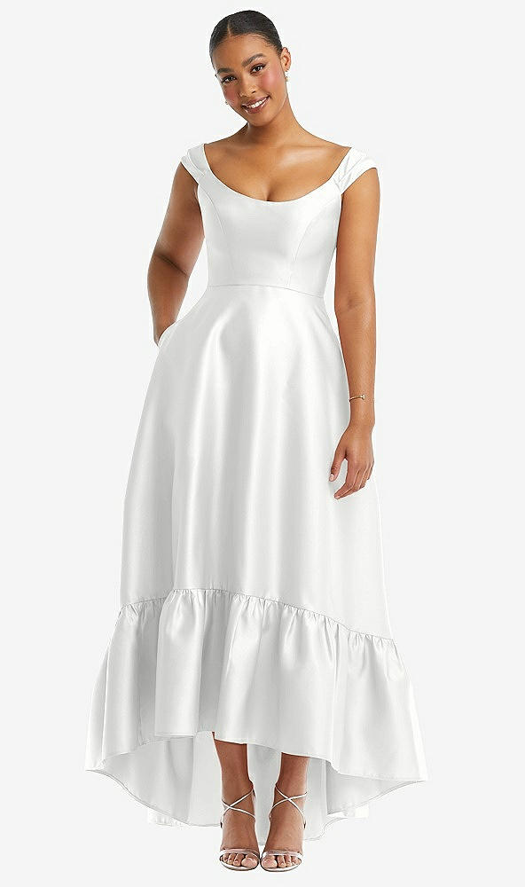 Front View - White Cap Sleeve Deep Ruffle Hem Satin High Low Dress with Pockets