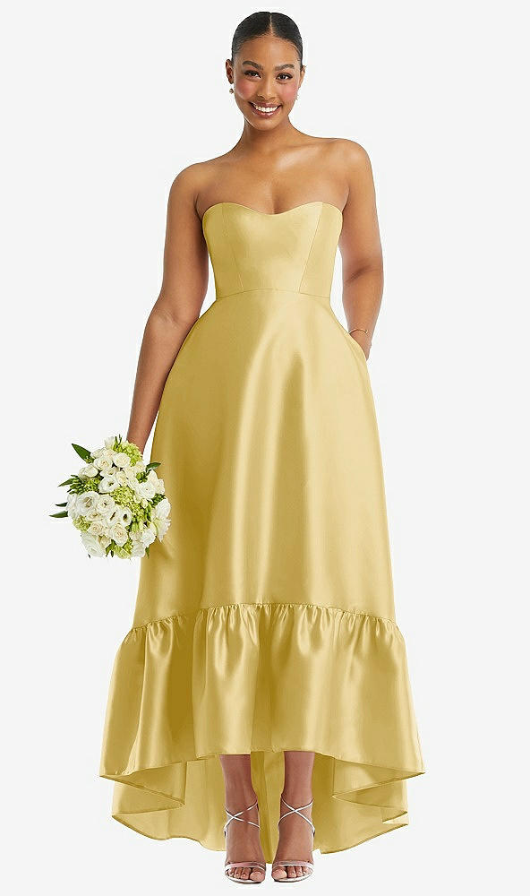 Front View - Maize Strapless Deep Ruffle Hem Satin High Low Dress with Pockets