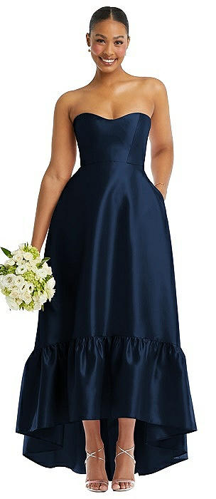 Strapless Deep Ruffle Hem Satin High Low Dress with Pockets