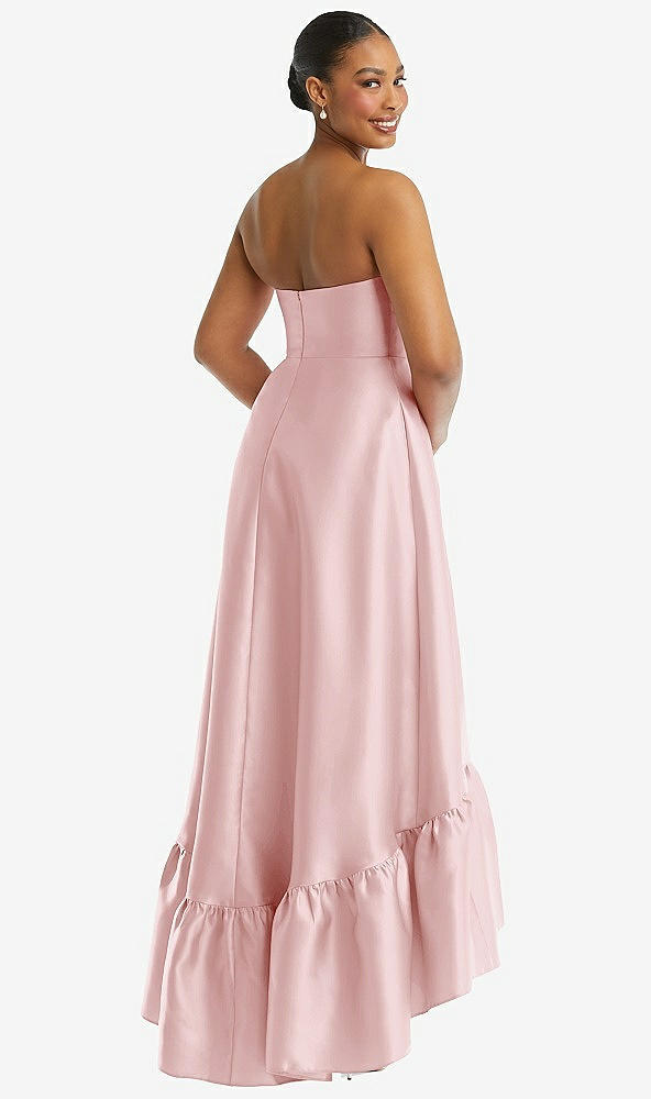 Back View - Ballet Pink Strapless Deep Ruffle Hem Satin High Low Dress with Pockets