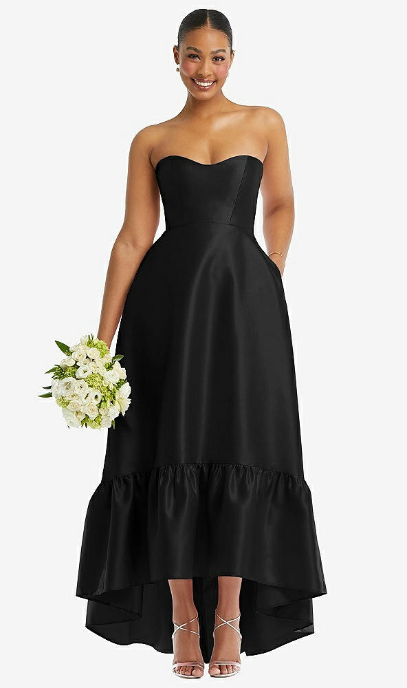 Front View - Black Strapless Deep Ruffle Hem Satin High Low Dress with Pockets